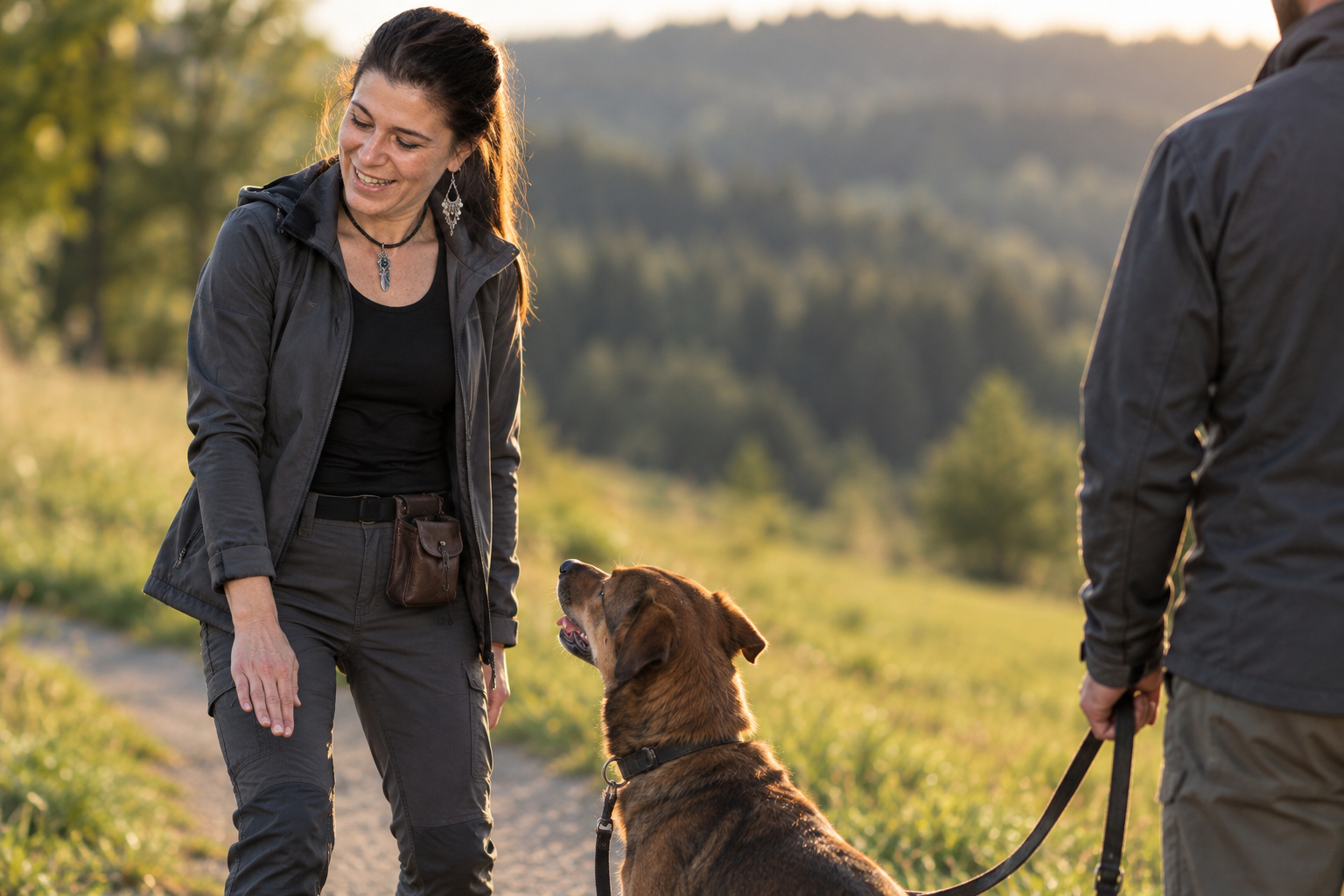 Nicole Bourzeis im Einzeltraining mit einem Hund und seinem Halter auf einem Feldweg
