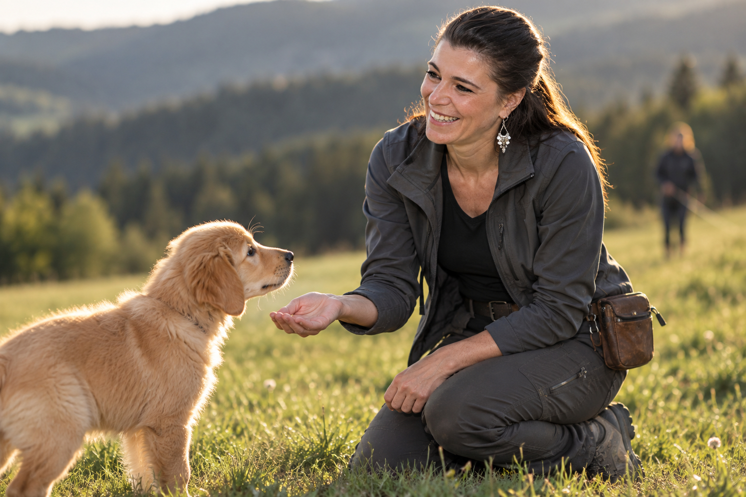 Nicole Bourzeis kniet im Gras und lockt einen Golden-Retriever-Welpen zu sich
