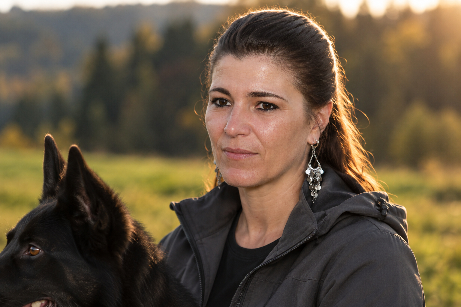 Nicole Bourzeis mit ruhigem, aufmerksamem Blick, neben ihr der Kopf eines schwarzen Schäferhundmischlings